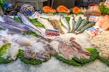 Fish and seafood seen at a market in Barcelona, Spain
