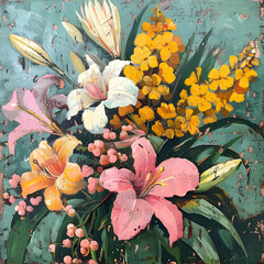 bouquet of lilies beautiful autumn colors painted on a canvas in oil painting style, no humans  Ai generative 