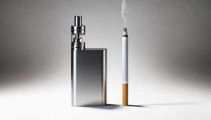 A vape and a lit cigarette side by side - obrazy, fototapety, plakaty