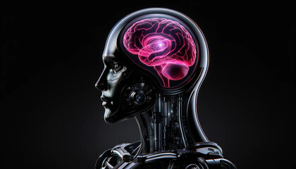 A futuristic robot with a sleek black metallic body and a transparent head, inside of which is a vibrant pink human-like brain