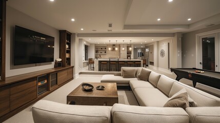 Spacious and Modern Basement Interior: Ambiance with Cozy Couches, Elegant Kitchenette, Entertainment Area Including a Pool Table, and Large TV for Ultimate Relaxation and Leisure Activities