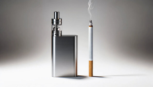 An electronic smoking e-cig vape and a burning lit cigarette side by side wallpaper background