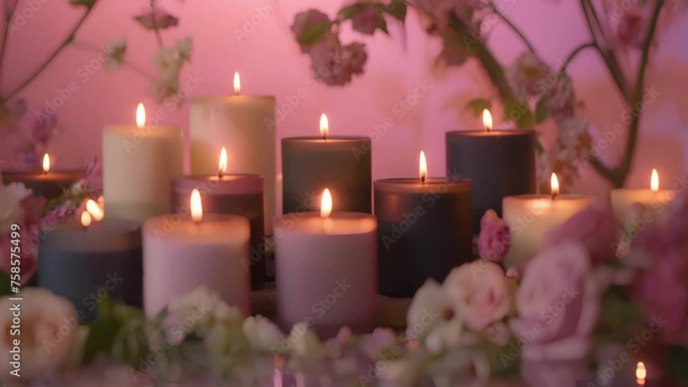 Poster a collection of scented candles in various romantic scents such as rose and vanilla creating a and r
