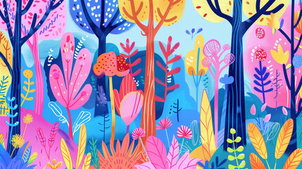 A painting depicting a colorful forest filled with vibrant trees, showcasing a diverse range of flora in a whimsical scene, drawing in doodle style. Background.