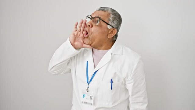 Bewildered middle-aged, grey-haired, latin scientist in uniform, shrugs unsurely, exuding a 'no idea' vibe with open arms against an isolated white background.