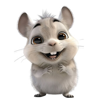 angled view of a 3d cartoon illustration of cute Chinchilla smiling excitedly isolated on a white background 