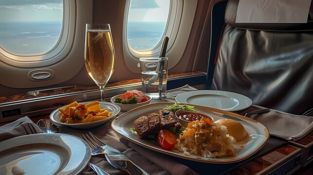 A plane interior with food and champagne in the plane, Generative AI illustrations.