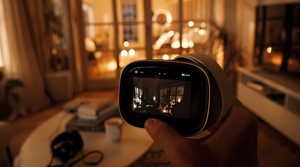 digital camera in hand in the interior of a living room at night, Generative AI illustrations. - obrazy, fototapety, plakaty