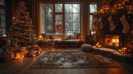 Cosy living room with fireplace, christmas tree, snow , candles, led light and christmas statue