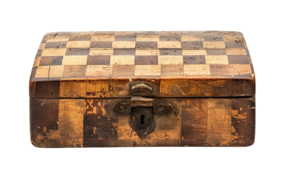 Antique Wooden Box with Checkerboard Pattern isolated on transparent Background