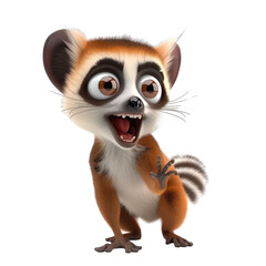 angled view of a 3d cartoon illustration of cute Lemur smiling excitedly isolated on a white background 