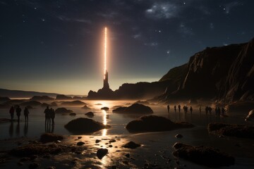 Tourists captivated by rocket launch, faces filled with excitement for thrilling journeys into space