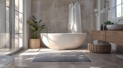 Interior of modern bathroom with white and wooden walls, tiled floor, comfortable bathtub and round mirror, Generative AI illustrations.