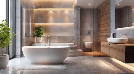 Fototapeta na wymiar 3d rendering of modern bathroom with concrete walls, concrete floor, comfortable white bathtub and green plants., Generative AI illustrations.