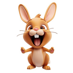 angled view of a 3d cartoon illustration of cute Rabbit smiling excitedly isolated on a white background 