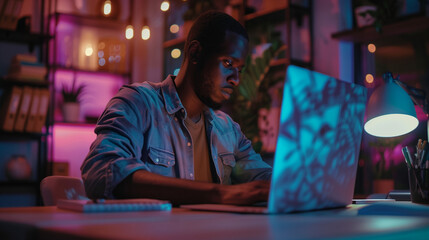 A man focused on his laptop, working diligently late into the night. Concept of deadline, office work.