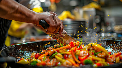 close up of chef making delicious food in the restaurant kitchen, chef cooking in the kitchen, delicios foods in kitchen - obrazy, fototapety, plakaty