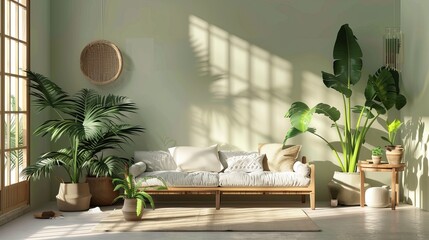 A room in Japan that has a natural and minimalist theme. A room with enough sunlight. A room full of tropical plants. Created with Generative AI.