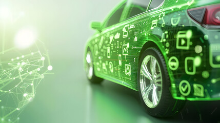 An eco - friendly sports car with a glossy finish, overlaid with a semi - transparent digital speedometer, against a bright green background.