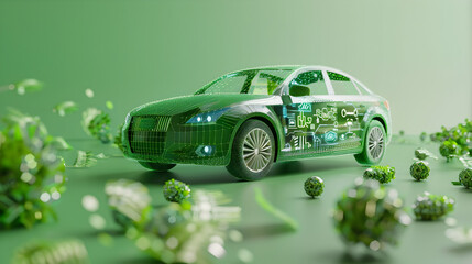 An eco - friendly sports car with a glossy finish, overlaid with a semi - transparent digital speedometer, against a bright green background.
