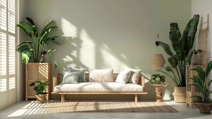 A room filled with coolness and tranquility. A room with a simple and natural theme. A room with a sofa and tropical plants in it. Created with Generative AI.