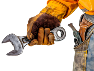 Hand holding hand tools, isolated on transparent background.