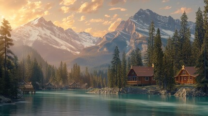 Serene river flowing gently past cozy log cabins, nestled amidst lush greenery, with majestic snow-capped mountains rising in the background, all bathed in the warm glow of the golden hour
