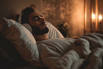 Fototapeta premium Young man listening to music with headphones in bed at night. Young man relaxing in bed