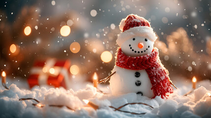 Smiling happy snowman in winter scenery and Christmas background.  generative ai - obrazy, fototapety, plakaty
