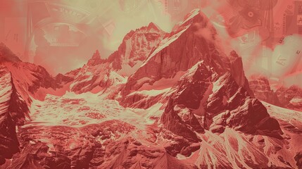 Produce a realistic illustration of a rocky mountain in a red monochromatic style resembling a banknote illustration. - obrazy, fototapety, plakaty