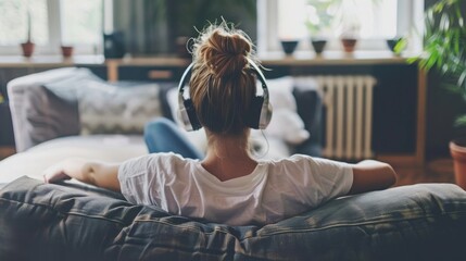 Relaxed young woman listening to music with headphones while lying on sofa at home