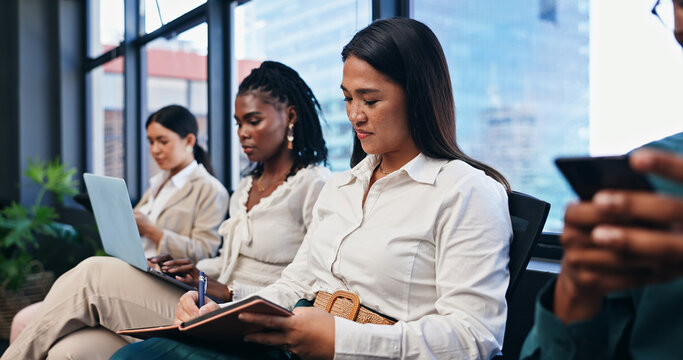 Notebook, thinking and business woman in seminar and ideas for planning or development. Writing, learning and upskill training with happy young employee in office for education conference or workshop