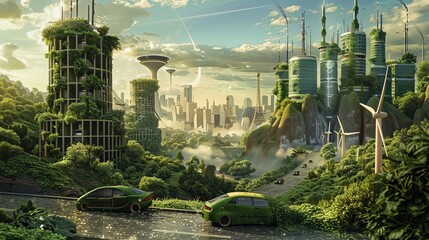 Imagine a world where art and green energy coexist, with electric cars roaming the streets. The scene is photorealistic and epic, showcasing a future without nuclear power plants. - obrazy, fototapety, plakaty