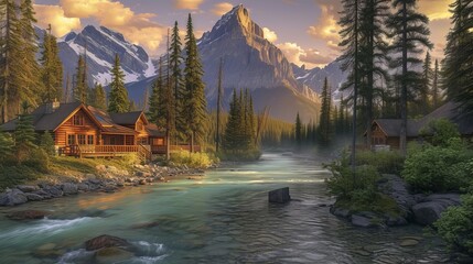 Serene river flowing gently past cozy log cabins nestled amidst lush greenery, framed by majestic snow-capped mountains during the golden hour, creating a picturesque landscape of tranquility & beauty - obrazy, fototapety, plakaty
