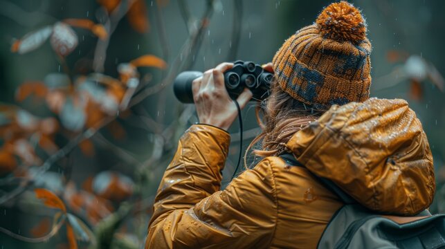 A woman is capturing a wildlife event by photographing a tree with her camera