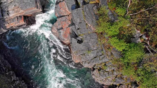 Aerial: river in abisko national park, in northern Sweden. Zenital shot