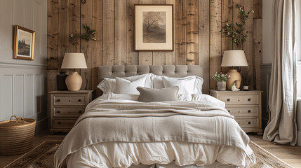 Cozy Bedroom Interior with Wooden Accent Wall and Rustic Decor