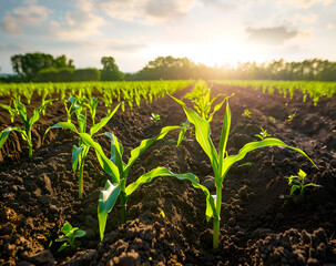 Organic maize farm or corn field seeding and plantign agriculture, sweet corn garden farmland , field in countryside plantation