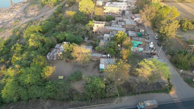 small village beside the Narmada river drone view in madhya pradesh