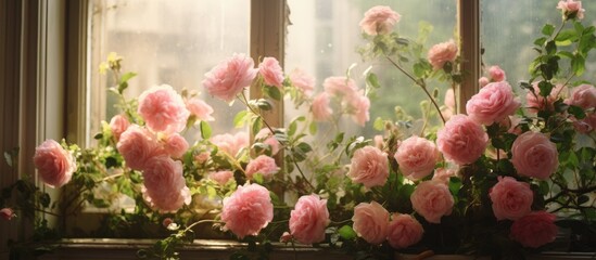 Pink rose bush on window sill