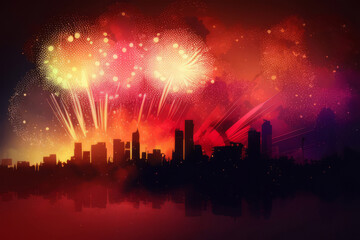 Fototapeta na wymiar Holiday fireworks above a city. Gorgeous colorful view