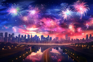 Holiday fireworks above a city. Gorgeous colorful view