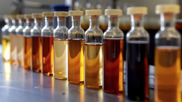 A series of small glass vials labeled Biofuel Samples sit on a laboratory bench each containing a slightly different shade of liquid inside. These samples are the result of