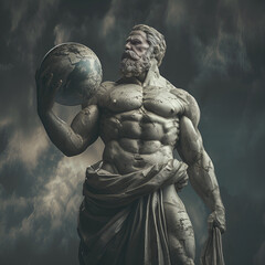 a photo of a huge great statue of the greek god titan atlas holding planet earth in his hands. atlas is beautiful handsome man with a athletic muscular body. dark sky in the background