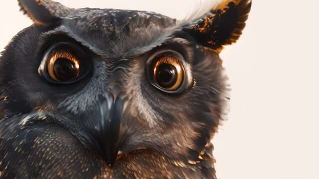 close up owl face. 4k video animation