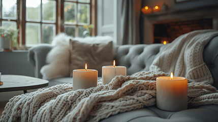 Fototapeta na wymiar Cozy Living Room Interior with Lit Candles and Knitted Throw