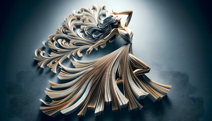 a woman captured in intricate and dynamic motion, with a cinematic quality, formed from the pages of books, carefully folded and cut to create the figure of woman in an action-packed pose, suggesting 