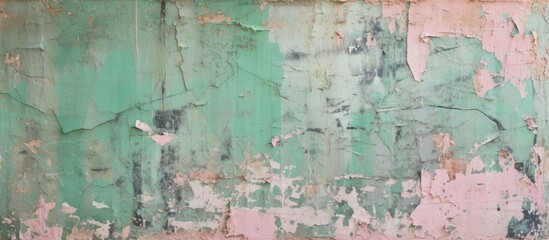 A close up of a wall featuring a vivid green and pink color palette with peeling paint, creating a unique and artistic pattern resembling a landscape art piece