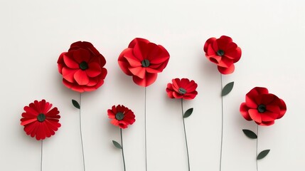 Red and white paper flowers on a white background