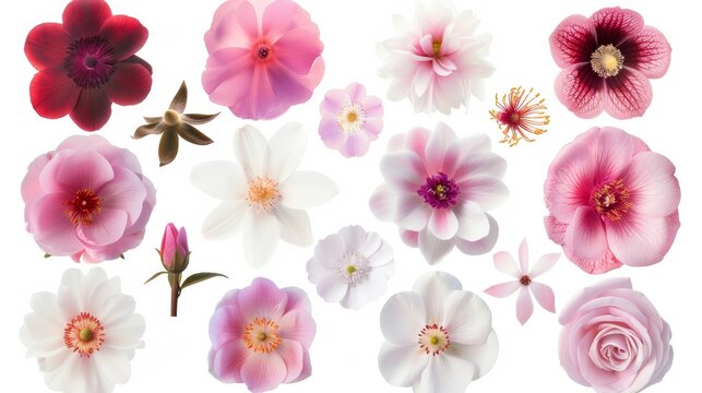 A set of flowers and floral elements isolated on a white background.